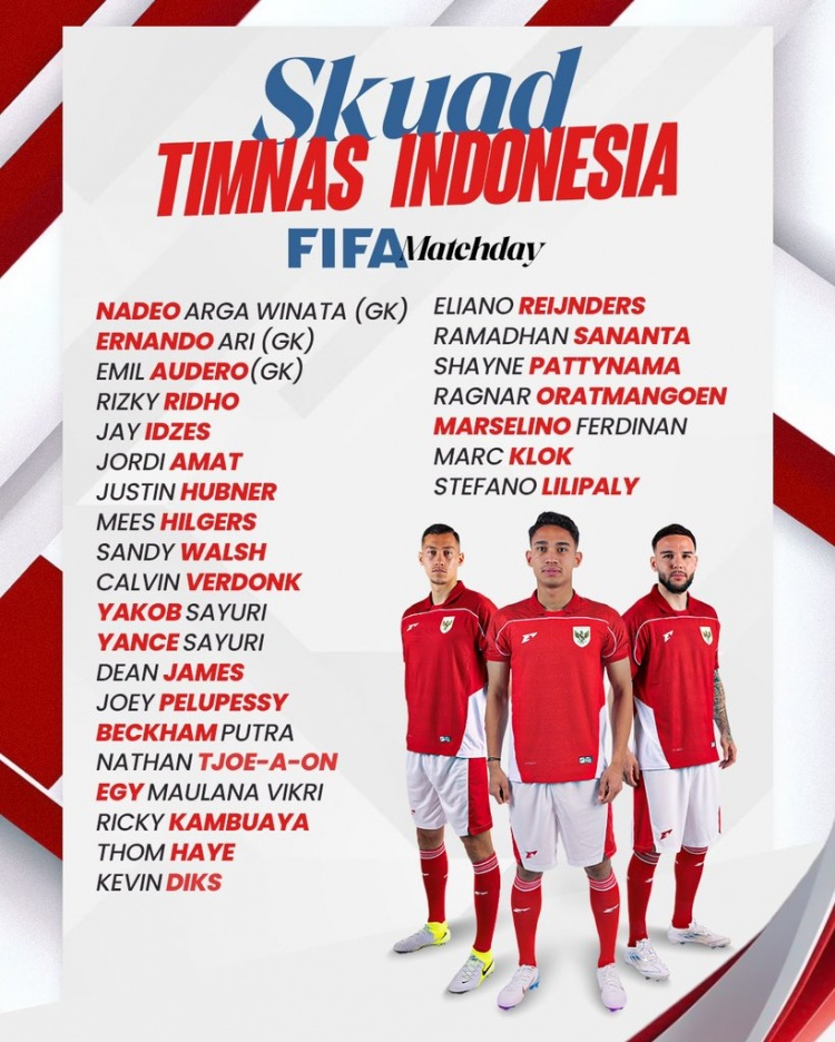 印尼队9月热身赛名单：伊泽斯、希尔格斯、迪克斯等多名归化在列